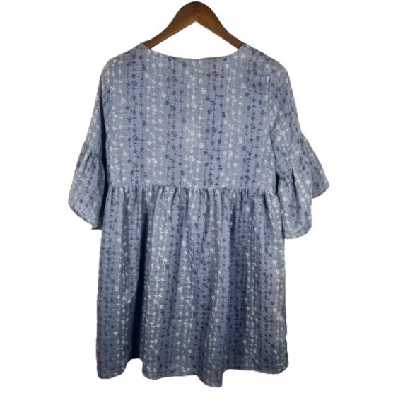Umgee Womens Floral Chambray Baby Doll Dress Size M Blue Bell Sleeves Boho Twee - Picture 7 of 13